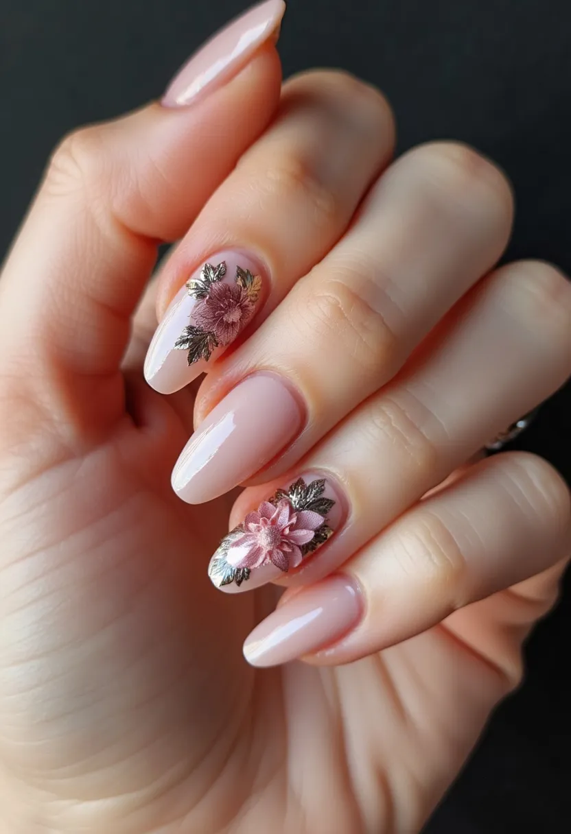 The nail design showcases an elegant pastel palette with a soft, blush pink base color. The nails are almond-shaped, which adds to the overall sophistication of the look. Two of the nails feature intricate decorative patterns—beautifully detailed floral designs in shades of dusty rose, accented with metallic gold leaves—that provide a touch of glamour. The glossy finish suggests a gel manicure, given the high-shine and durability visible. This design appears to be appropriate for a special occasion, such as a wedding or a formal event in spring or summer, due to the delicate and refined nature of the floral patterns and the fresh, seasonal colors.