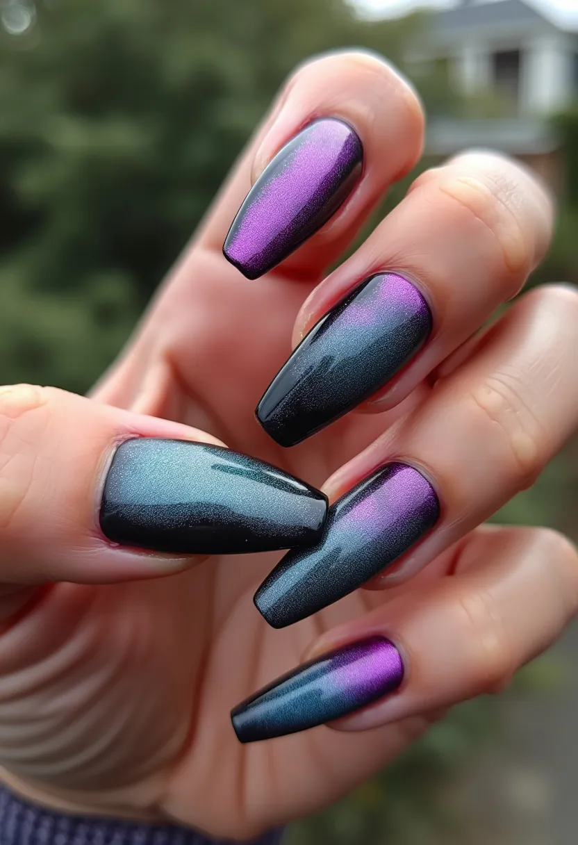 The nail design features a striking color palette with a metallic gradient transitioning from dark teal to a vivid purple. The nails are shaped in a tapered square form, giving them a sleek and modern appearance. The design appears to be achieved using a form of gel or shellac treatment, reflecting a mirror-like sheen and durability. This intricate design and choice of colors make it suitable for special occasions or to embrace a glamorous and bold fashion statement. The combination of colors and effects evokes a sense of a futuristic or space-themed motif, ideal for anyone looking to make a dramatic impact.