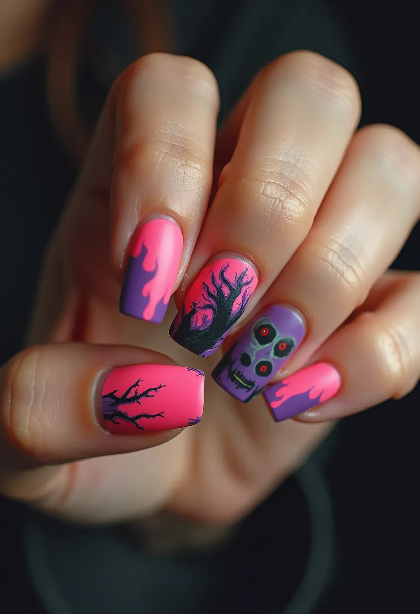 The nail design features a striking Halloween theme with a bold color palette of pink, purple, red, green and black. The nails are medium-length with a squared shape. The base color alternates between bright pink and vibrant purple, each nail adorned with either intricate black tree silhouettes or dripping effects that resemble eerie, melted wax. One nail prominently features a spooky skull face with intense red eyes, adding a distinct macabre element perfect for a Halloween celebration. The use of gel or acrylic treatments enhances the vibrant colors and detailed artistry, ensuring longevity and a glossy finish. This design captures the essence of the spooky season while showcasing dramatic and eye-catching artistry.