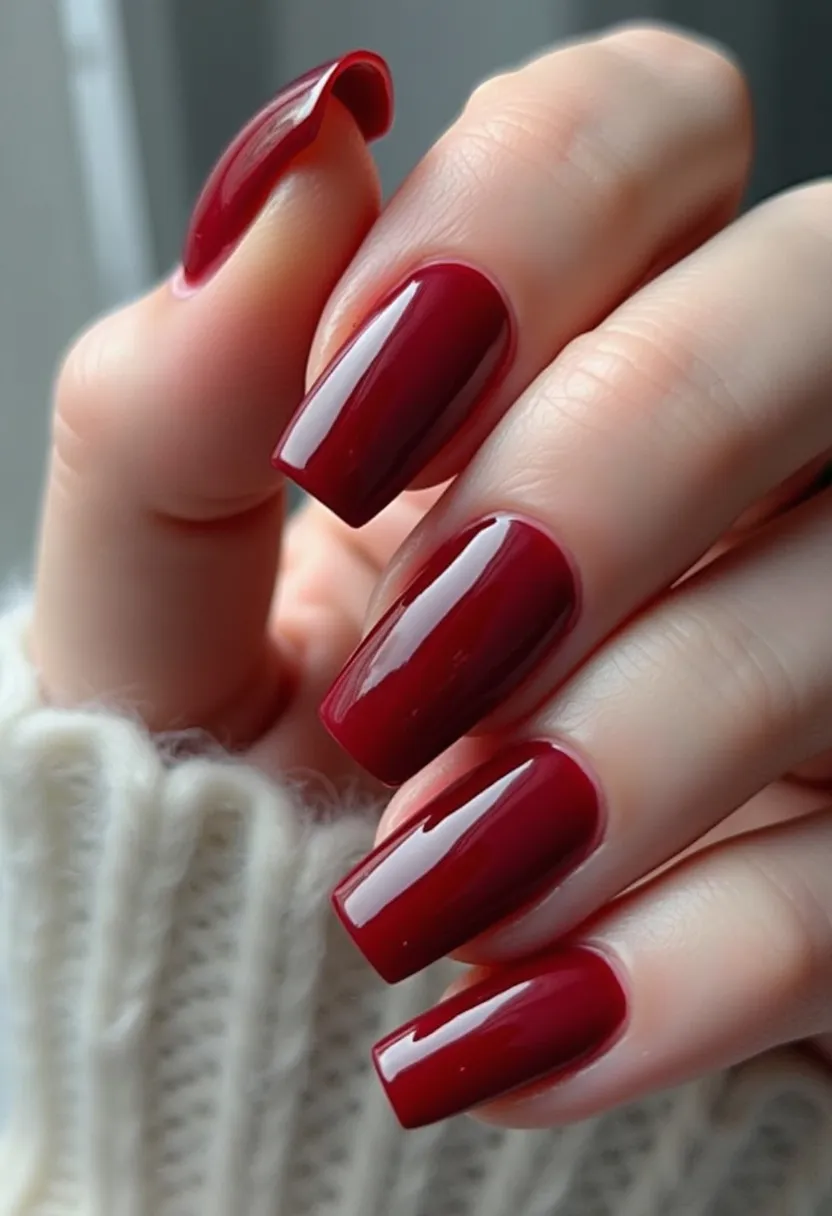 The nail design showcases a gracefully sophisticated look with a deep, rich burgundy color palette, ideal for a classic and elegant appearance. The nails are shaped into a square-oval form, offering a balanced and elongated aesthetic to the fingers. The polish reflects a high-gloss finish, suggesting a possible gel or shellac treatment to achieve that lustrous shine and long-lasting wear. The design is minimal yet striking, with no additional patterns or decorations, emphasizing the simplicity and elegance of the solid color. This refined color choice and finish make the design perfect for the fall or winter season, or for formal occasions such as holiday parties or evening events.