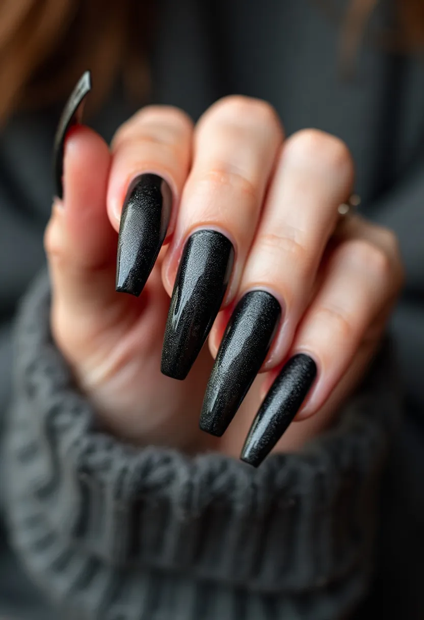 The nail design features a sleek and sophisticated black color palette with a slight metallic sheen, giving the nails a glossy and luxurious appearance. The nails are long and shaped into a coffin style, characterized by a squared-off tip that tapers in slightly. The finish appears to be a type of gel treatment, providing a smooth and high-shine surface that enhances the overall elegance of the look. The dark and moody hue of the nails, combined with the glossy finish, makes this design particularly well-suited for the fall or winter seasons, or for any special occasion that calls for a bold and dramatic aesthetic.