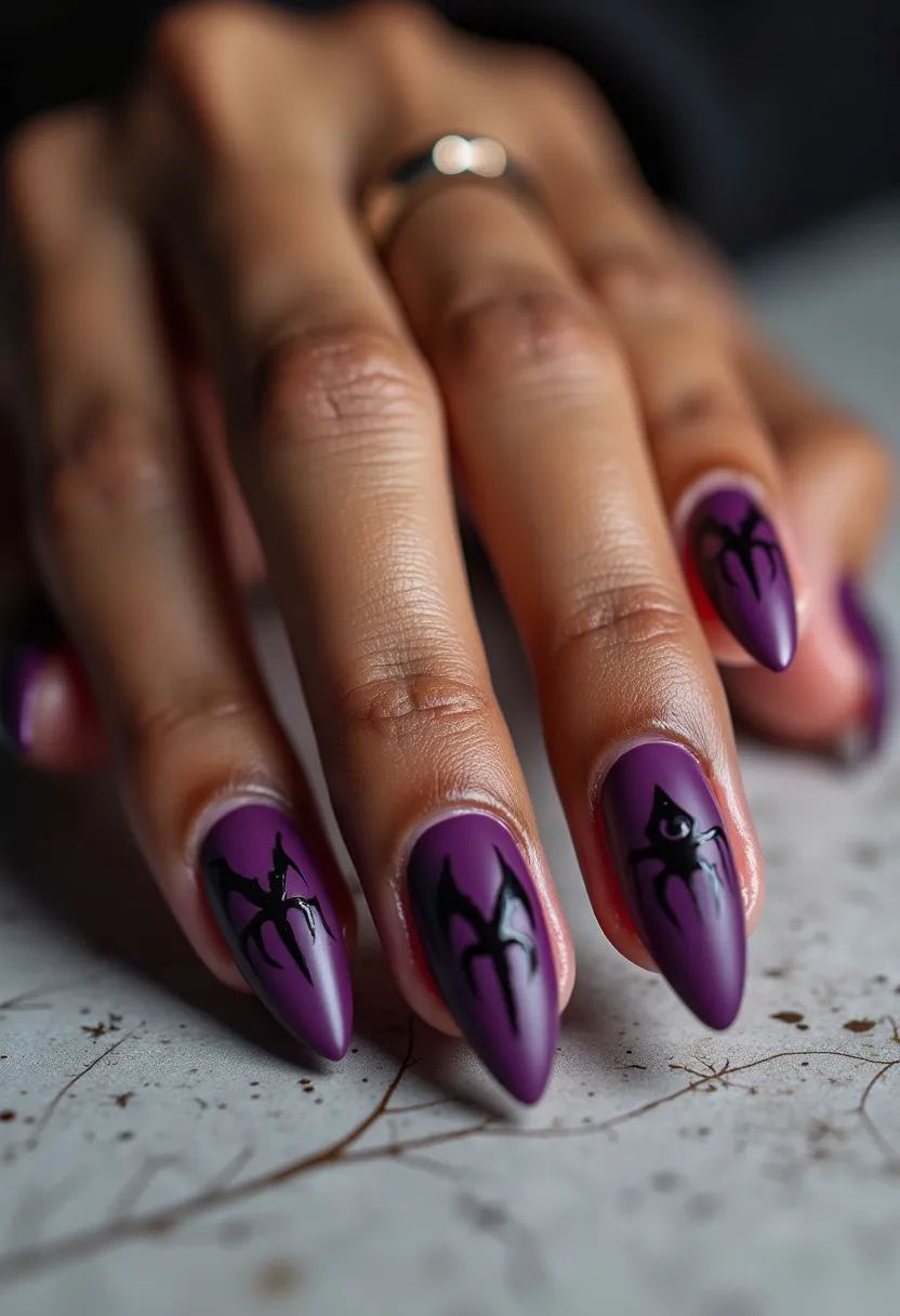 The nail design features a striking color palette dominated by a rich, deep purple base with bold black accents. The nails are shaped into a long, pointed almond style, adding a dramatic flair. Intricate black patterns resembling bats or other gothic symbols are meticulously painted on each nail, adding a spooky and artistic touch. This design appears to utilize gel nail treatment, given its glossy and smooth finish. The overall theme has a distinctly Halloween-inspired aesthetic, making it perfect for the fall season or themed events, adding to its unique and eye-catching appearance.