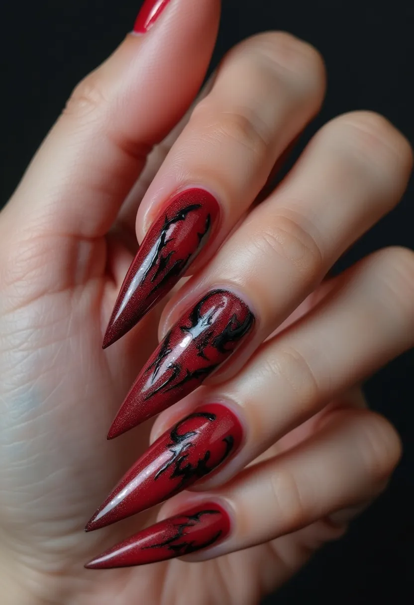 The nail design features a dark red color palette with a glossy finish, indicative of gel treatment. The nails are sculpted into a sharp, pointed stiletto shape, creating a dramatic effect. Intricate black flame-like patterns are skillfully painted on each nail, enhancing the bold and edgy aesthetic. This design could be suitable for seasonal themes such as Halloween or special occasions that require a striking, gothic appearance. The combination of deep red and black along with the high-gloss surface adds a sophisticated, yet fierce, touch to the overall look.