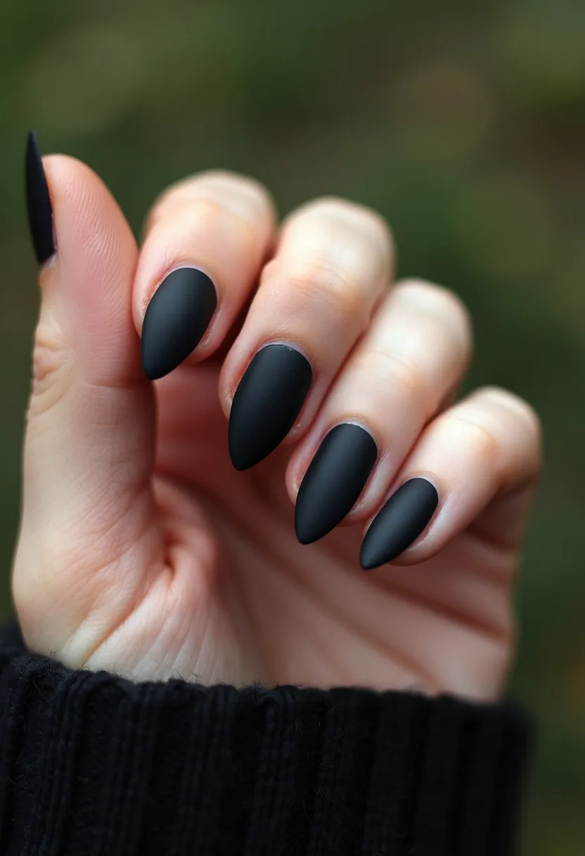 The nail design features a sleek, matte black color palette, offering a modern and sophisticated look. The nails are shaped into a stiletto style, displaying a pointed tip that adds a dramatic element to the overall design. There are no intricate patterns, decorations, or embellishments, keeping the aesthetic clean and minimalistic. The matte finish suggests a gel or acrylic nail treatment to achieve the smooth, non-glossy surface. This design could be suitable for the fall or winter season, or for special events that call for a bold and edgy nail look.