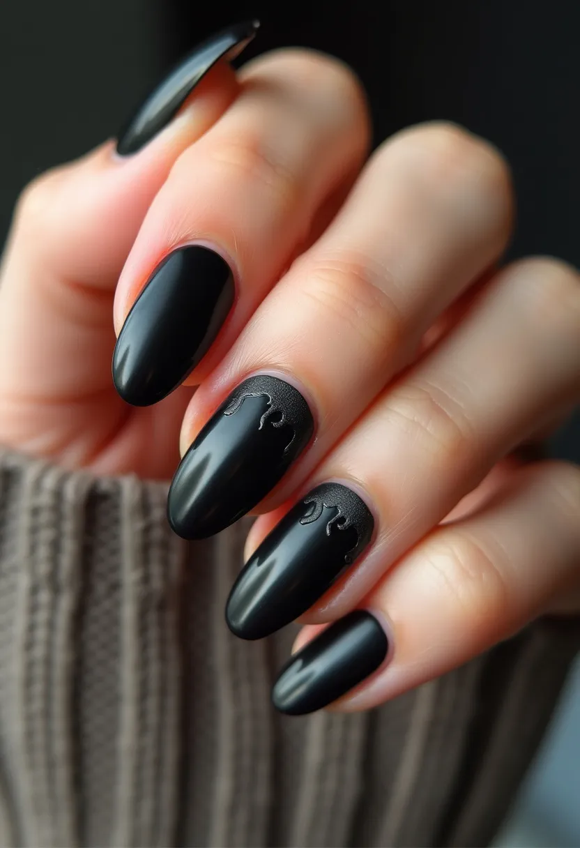 The nail design features a stunning black color palette, with a glossy finish that suggests a gel nail treatment. The nails are almond-shaped, providing an elegant and sleek look. Intricate patterns adorn the base of some of the nails, where a matte black section contrasts with the glossy black, incorporating delicate, raised swirling designs. The overall design exudes a chic, sophisticated vibe, with an aesthetic that could be aligned with a dark, edgy theme. The detailed artwork and sleek finish make the nails suitable for special occasions or a stylish everyday look.