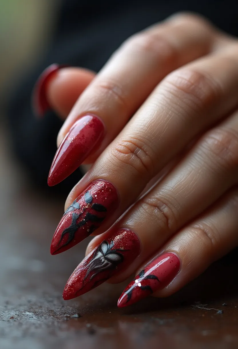 The nail design features a rich, deep red color palette, accentuated with glitter for added sparkle. The nails are shaped into long, pointed stilettos, providing a striking and dramatic look. Intricate black floral patterns and designs adorn the nails, adding a sophisticated and artistic touch. The type of treatment appears to be gel, providing a glossy and durable finish. These details collectively suggest a bold, festive theme, suitable for special occasions such as holidays or formal events. The design stands out due to its meticulous craftsmanship and elegant combination of colors and shapes.