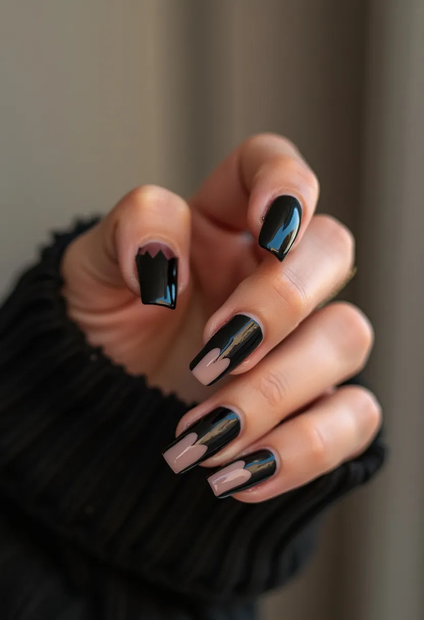 The nail design features a modern, square nail shape with a sophisticated, dual-tone color palette consisting of glossy black and a neutral beige hue. The black polish serves as the primary color, showcasing a high-shine finish, suggesting a gel or acrylic treatment for its smooth and glossy appearance. Intricately, some nails display a creative pattern where the beige color peaks out from the black in an abstract, jagged design, creating a striking contrast. This design is versatile enough for various occasions, merging the boldness of black with the subtle elegance of beige, making it suitable for both daily wear and special events.