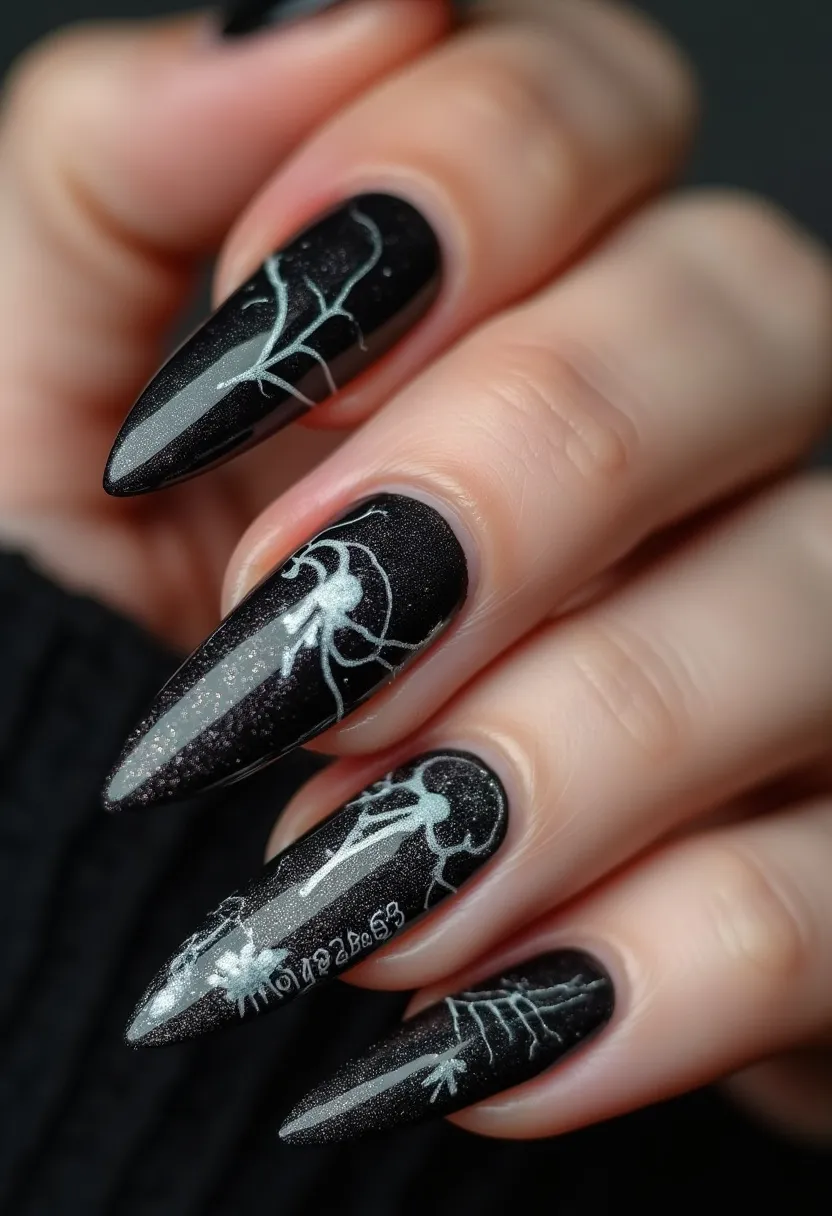 The nail design features a dark, shimmery black base color, giving an elegant and mysterious look. The nails are shaped into long, almond tips, providing a sleek and modern aesthetic. Intricate, light-colored designs resembling delicate spider webs and a skeleton are drawn on each nail, adding a touch of gothic charm, suitable for the Halloween season. The nails appear to have a glossy finish, suggesting the use of gel or shellac treatment. Overall, this nail design exudes a spooky and sophisticated vibe, perfect for a seasonal or special occasion themed around Halloween.