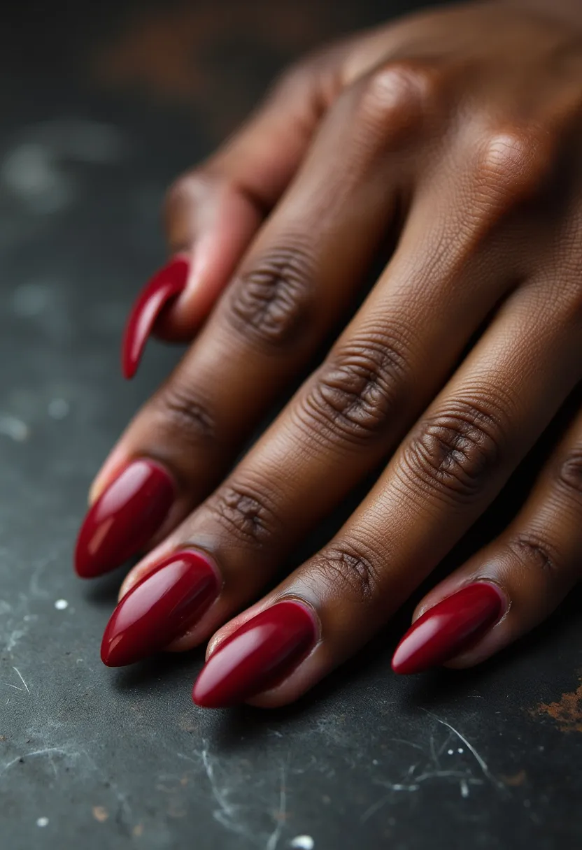 The nail design showcases a rich, deep crimson color with a glossy finish, suggesting the use of shellac or gel polish for a smooth and durable appearance. The nails are shaped into a sleek stiletto form, characterized by their elongated, pointed tips which evoke a sense of elegance and boldness. The uniform color palette with high shine and lack of additional patterns or decorations keeps the design sophisticated and versatile, suitable for both everyday wear and special occasions such as formal events or date nights. This timeless nail style complements autumn and winter aesthetics, adding a touch of drama and refinement to any ensemble.