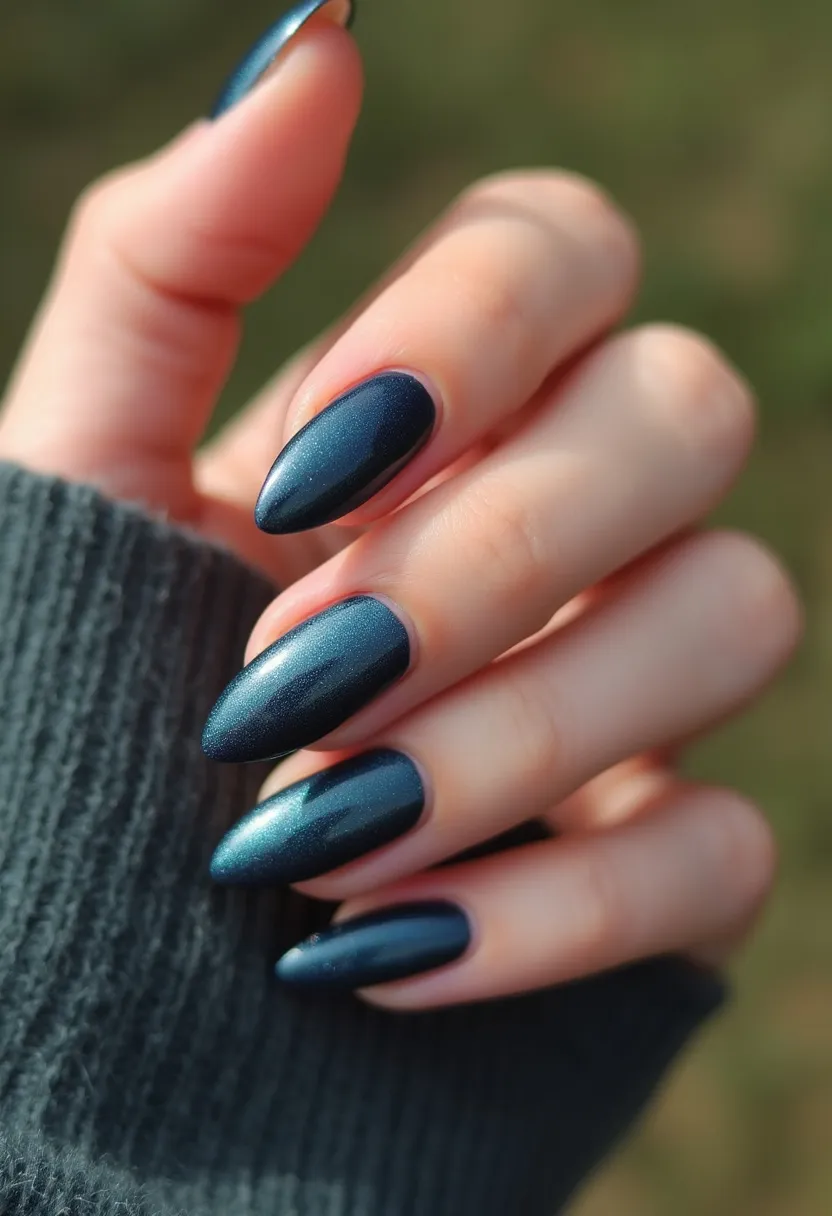 The nail design features a sophisticated and sleek look with an elegant dark blue color palette. The nails are almond-shaped, offering a stylish and feminine silhouette. Each nail is adorned with a shimmering metallic finish that gives a subtle yet luxurious sparkle, enhancing the overall attractiveness of the design. The treatment appears to be a glossy gel polish, providing a smooth and high-shine finish that is both durable and chip-resistant. This nail design is versatile and can be suitable for both everyday wear and special occasions, offering a modern and polished aesthetic.