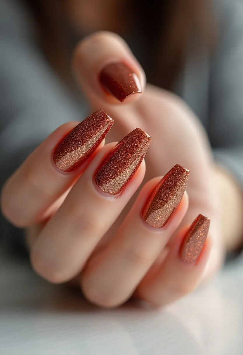 The nails exhibit a striking design characterized by a rich, autumnal color palette featuring a combination of shimmering bronze and reddish-brown hues. The nails are styled in a long, almond shape that accentuates the elegant curvature of the design. The focal point of the nail art is the use of glitter, creating a sparkling effect that adds depth and dimension to the overall appearance. The treatment appears to be either gel or acrylic, as indicated by the high-gloss finish and durability. This elaborate design, suitable for a festive or seasonal theme, exudes a sense of warmth and sophistication, evocative of fall festivities and special autumn occasions.