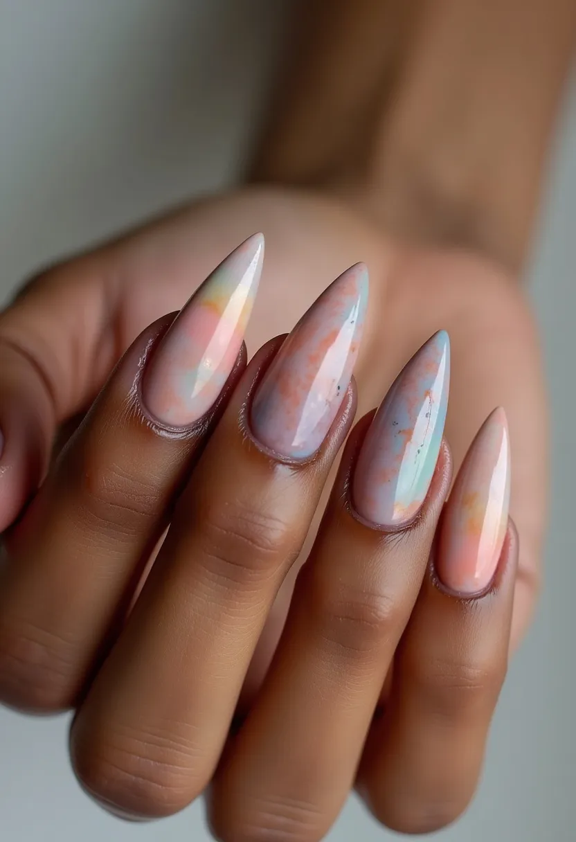 The nail design features a soft, pastel color palette with a marbled effect that blends shades of pink, blue, yellow, and slight hints of orange. The nails are long and shaped in a sharp stiletto style. The intricate marbling pattern covers the entirety of each nail, giving a delicate and sophisticated look. This particular design is likely achieved using gel treatment, as suggested by the smooth and glossy finish. The combination of light, airy colors, and the refined marbling technique makes this design suitable for spring or summer seasons, and it could be ideal for special occasions such as weddings or parties. The nails exhibit a high level of artistry and precision, making them stand out as a unique and stylish choice.