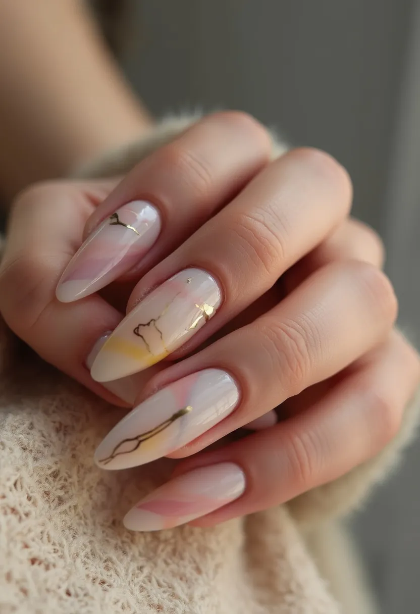 The nail design features a soft, pastel color palette that includes shades of pink, yellow, and white, creating a delicate and sophisticated look. The nails are almond-shaped, contributing to an elegant appearance. The design includes intricate patterns with fine gold and black lines that resemble delicate veins or abstract art, adding a touch of luxury and artistry to the nails. It appears to be a gel treatment, which gives the nails a smooth and glossy finish. The overall design is subtle yet refined, suggesting it could be suitable for a variety of occasions, from everyday wear to special events, without being overly season-specific. The combination of the soft colors and the intricate line details creates a balanced and eye-catching look.