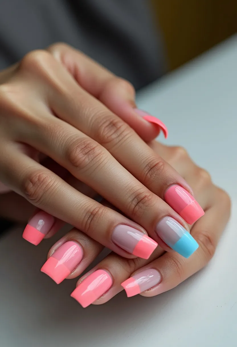 The nail design features a vibrant color palette dominated by shades of light pink, coral, and a pop of bright blue. The nails exhibit a square shape with a stylish French tip pattern. Each nail is adorned with a clear base topped off with broad, colorful tips. The majority have coral tips, while one nail on each hand showcases a striking blue tip for an eye-catching contrast. These nails likely utilize gel treatment, given their glossy, smooth finish, which is characteristic of gel applications. The cheerful colors and bold design give the manicure a summery, playful vibe, suitable for seasonal themes or casual, festive occasions.