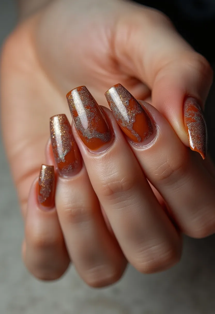 The nail design features a distinctive fall-inspired color palette consisting primarily of warm copper and brown tones with accents of metallic gold shimmer, creating a marbled effect. The nails are long and shaped in a square style, giving them a bold and elegant appearance. The intricate patterns include swirls and waves of the metallic gold, blended seamlessly with the copper base, adding depth and sophistication to the design. This seems to be a gel nail treatment, as evidenced by the glossy, smooth finish and durability of the design. This particular nail art is perfect for the autumn season, embodying the colors and essence of fall leaves and cozy warmth.