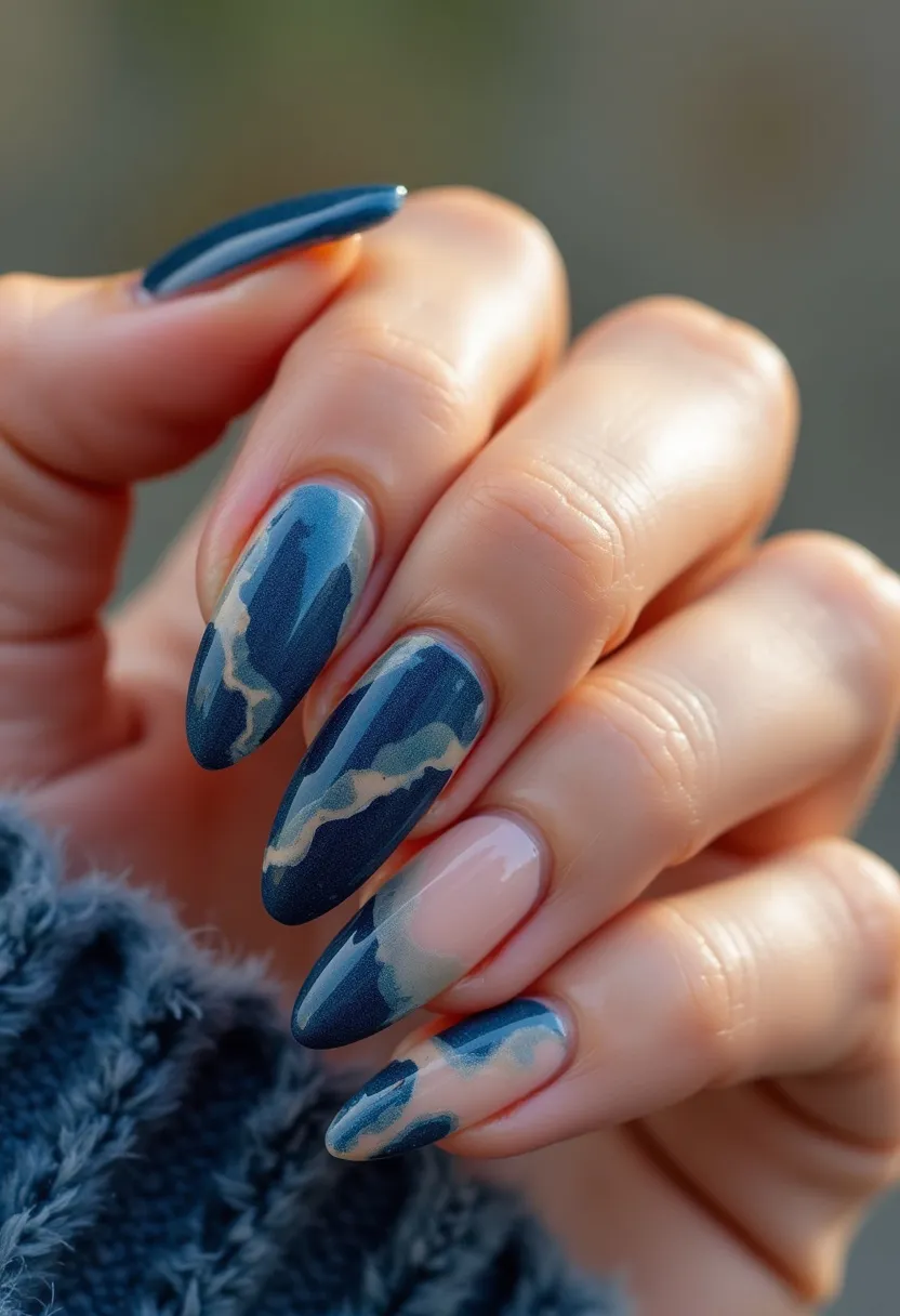 The nail design features a striking color palette primarily composed of deep blues with accents of lighter blue and beige, creating a marbled, almost abstract pattern reminiscent of ocean waves or stormy skies. The nails are shaped into a long, almond style, elongating the fingers and adding an elegant touch to the overall look. The nail treatment appears to be a glossy gel, as indicated by the high shine and smooth finish. This intricate design is sophisticated and artistic, making it suitable for both special occasions and as a bold fashion statement for everyday wear. Unique details such as the seamless blend of colors and the subtle marbling effect highlight the meticulous craftsmanship involved in this nail art.