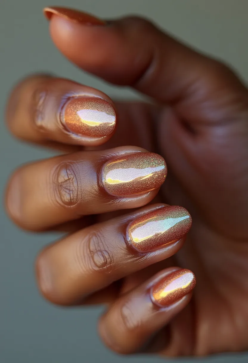 The nail design features a stunning iridescent color palette dominated by shades of copper and gold, giving it a metallic sheen. The nails are short to medium in length and shaped in a natural, rounded style. The finish appears to be a gel treatment due to its smooth, high-gloss, and durable appearance. The reflective, shimmer effect provides a captivating look, making the design suitable for festive occasions or special events. The design captures light beautifully, adding a dynamic and elegant touch perfect for an autumn or holiday theme.