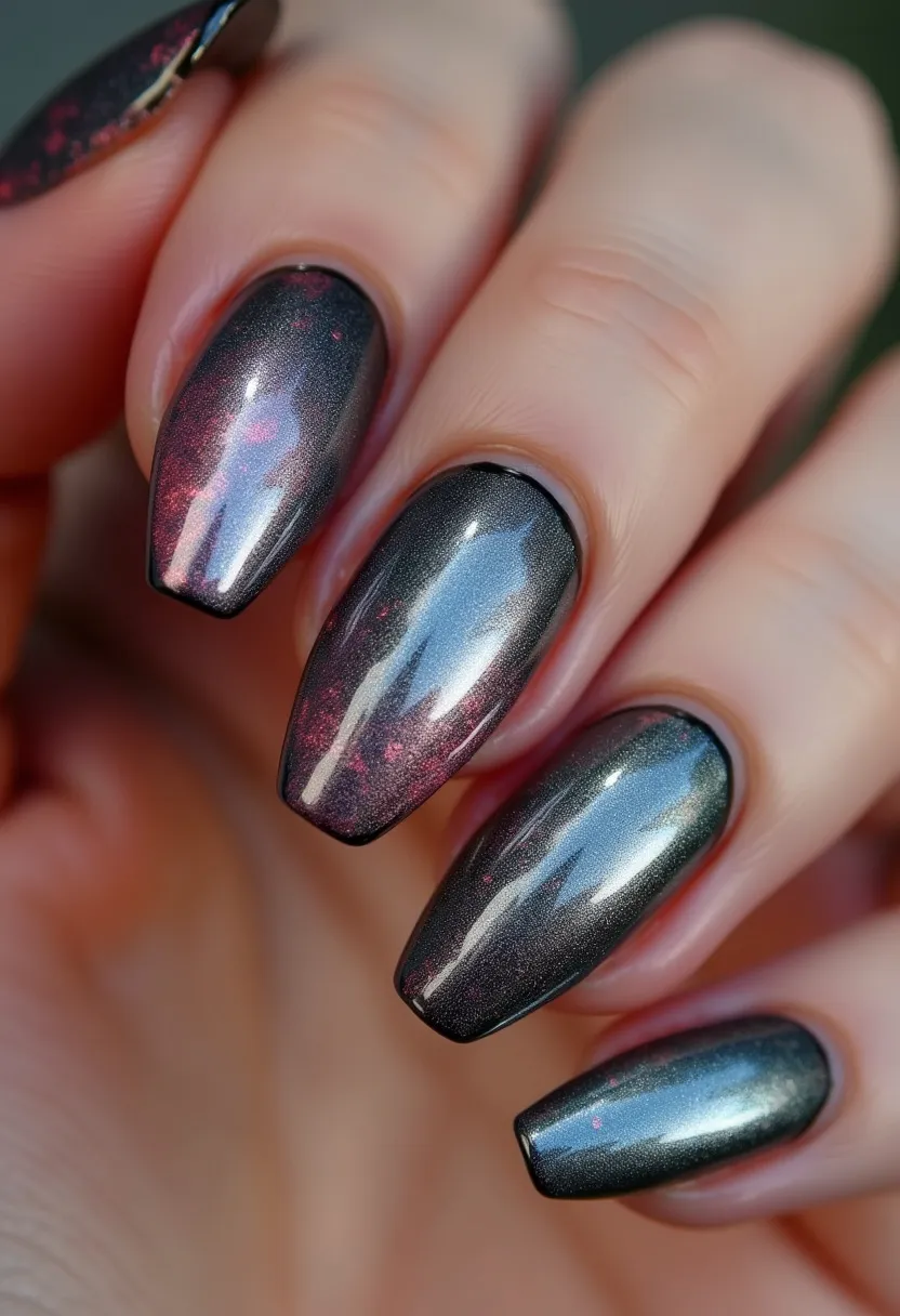 The nail design features an elongated almond shape with a striking color palette of dark metallic gray as the base, interspersed with hints of pink flecks, giving the nails a cosmic allure. The sheen and smooth finish suggest a gel treatment, enhancing durability and glossy appearance. The nails exhibit a subtle gradient effect, blending dark hues with lighter reflective tones, creating depth and intrigue. The design is sophisticated and versatile, suitable for special occasions or the winter season, while the metallic elements lend a modern and edgy vibe to the overall look. The intricate pink speckles add a touch of whimsy without overwhelming the elegant base color.