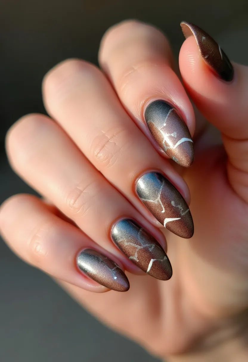 This nail design features an elegant and sophisticated look with a color palette predominantly comprising metallic shades of brown and dark gray. The nails are shaped into a pointed almond shape, which adds to their chic appearance. The design showcases intricate patterns of white lines that run across each nail, resembling a delicate web or abstract branches, adding an element of artistry and complexity. The nails appear to be treated with gel polish, which gives them a shiny and smooth finish. This particular design exudes an autumn or winter seasonal theme, with the earthy tones and intricate patterns giving a sense of warmth and intricacy suitable for colder months or festive occasions.