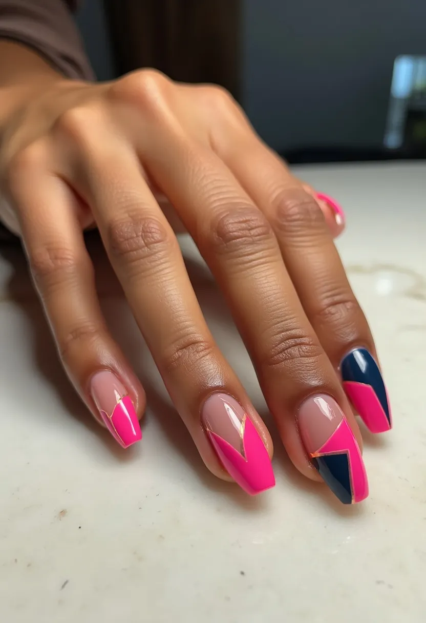 The nail design features a striking color palette of bright pink, deep navy, and nude. The nails are medium length and have an almond shape. The design includes intricate geometric patterns with diagonal color blocks outlined with thin gold lines, creating a chic and modern look. The type of nail treatment appears to be gel, given the high-gloss finish. The combination of bold colors and gold accents is versatile, suitable for a range of seasonal themes or special occasions, from summer events to festive celebrations. The overall design is sophisticated and eye-catching, showcasing meticulous attention to detail.