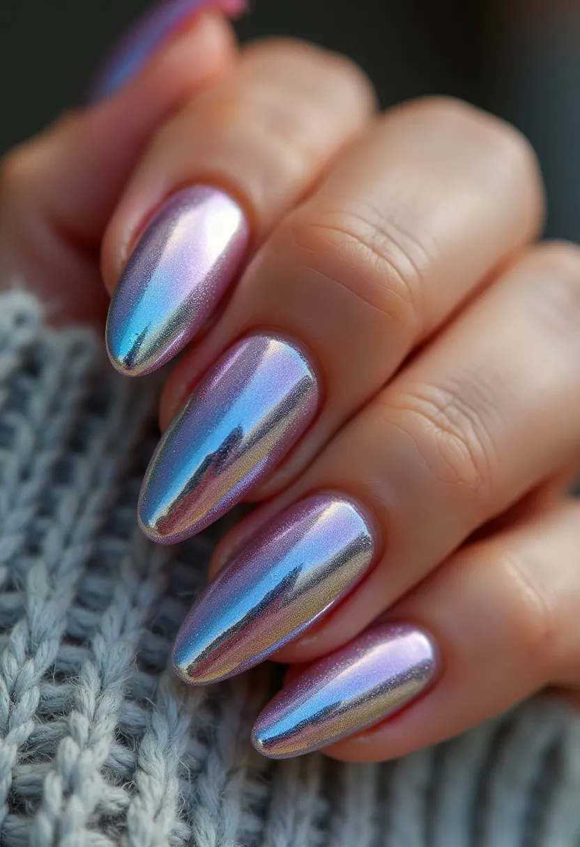 The nail design features a palette of iridescent colors, including shades of blue, pink, and purple that reflect light in a holographic manner, creating a striking and dynamic visual effect. The nails are shaped in a sleek almond style, which adds an elegant and sophisticated touch to the overall look. The treatment appears to be either a gel or shellac application, given the high-gloss finish and durability of the color. This design is distinctively modern and eye-catching, making it suitable for special occasions or a fashionable statement. The iridescent effect gives a trendy futuristic vibe, making it ideal for any season with a preference for vibrant and unique nail art.