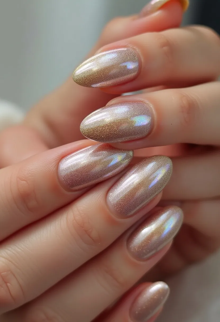 The nails feature a shimmering iridescent color palette with a light, pearl-like shade that reflects hints of blue and purple under the light. The nails are almond-shaped, offering an elegant and elongated appearance. The design includes a fine, holographic gradient that adds a multi-dimensional effect, creating a sophisticated and glamorous look. This manicure appears to be achieved using gel polish, as indicated by the smooth, glossy finish and long-lasting appearance. The ethereal and sparkly quality of the nails makes them suitable for special occasions or seasonal celebrations like the holidays or New Year's Eve.