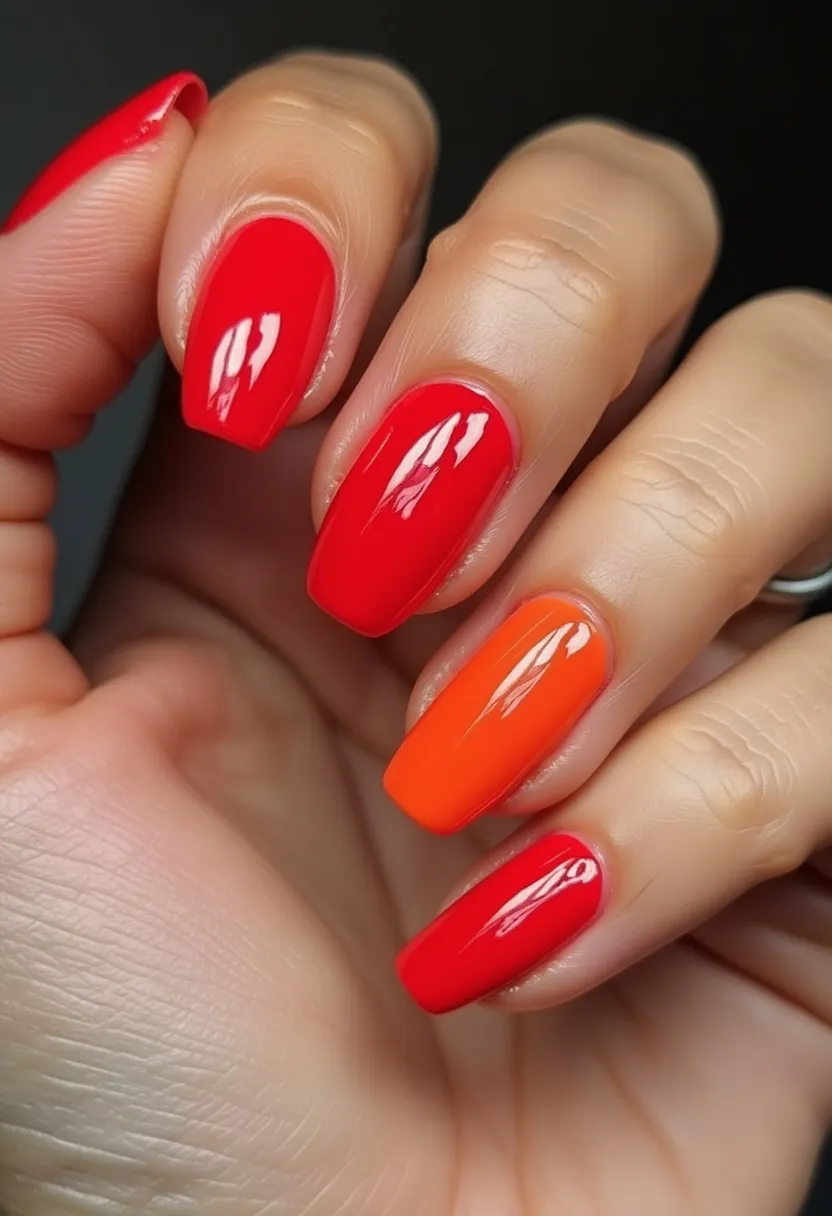 The nail design showcases a vibrant color palette featuring predominantly red nails with a single accent nail in a bright orange hue. The nails are shaped in a smooth, rounded square form, providing a modern and neat appearance. The finish on these nails is glossy, suggesting the use of gel or shellac treatment to achieve the high-shine effect. There are no intricate patterns or additional decorative elements, emphasizing the rich and bold color choice. The combination of red and orange hues, along with the glossy finish, lends itself well to a warm, festive, or summer theme, making it ideal for lively, seasonal occasions.