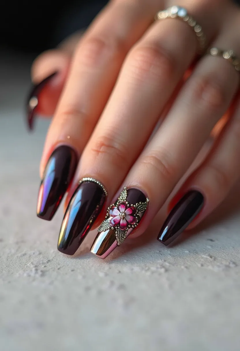 The nail design features a stunning color palette of deep, glossy purple with a subtle chrome sheen, enhancing the overall luxurious look. The nails are shaped into long, elegant coffins, providing a modern and stylish appearance. A particularly intricate detail is seen on the ring finger, which showcases a 3D floral decoration adorned with beads and metallic gold accents, indicating a potentially seasonal or special occasion theme, such as a celebration or festive event. This nail art appears to be the result of a gel treatment, known for its durability and high-shine finish. The combination of rich colors, detailed patterns, and 3D embellishments creates a sophisticated and eye-catching design.