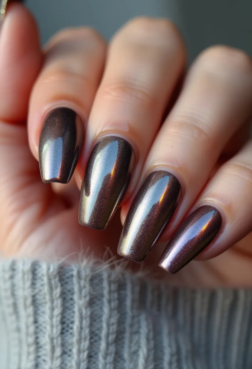 This nail design features long, almond-shaped nails with a sleek and shiny metallic finish. The color palette is a dazzling combination of dark brown, copper, and subtle hints of purple, creating a reflective and multi-tonal effect. The nails appear to be treated with gel polish, offering a high-gloss sheen and smooth texture. The design is minimalistic yet elegant, with the shimmering finish adding a touch of glamour suitable for evening events or special occasions. This luxurious and sophisticated look is perfect for the autumn season, reflecting the rich and warm colors typically associated with that time of year.