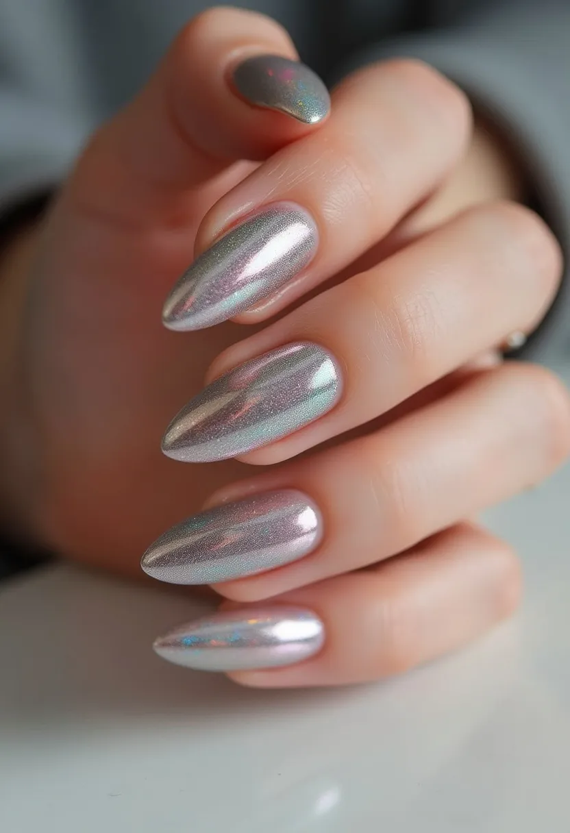 The nail design features an elegant stiletto shape, with the nails exquisitely painted in a shimmery, holographic silver color that reflects light in various hues. The nails appear to have a smooth, glossy finish, suggesting the use of gel polish for its high shine and durability. There are no additional intricate patterns or decorations, allowing the holographic effect to be the focal point of the design. This sleek and sophisticated look is versatile and can be suitable for various occasions, including festive celebrations, parties, or even as an everyday statement piece for those who love a bit of sparkle. The iridescent quality of the polish evokes a modern, futuristic aesthetic, perfect for those who appreciate a chic, contemporary style.