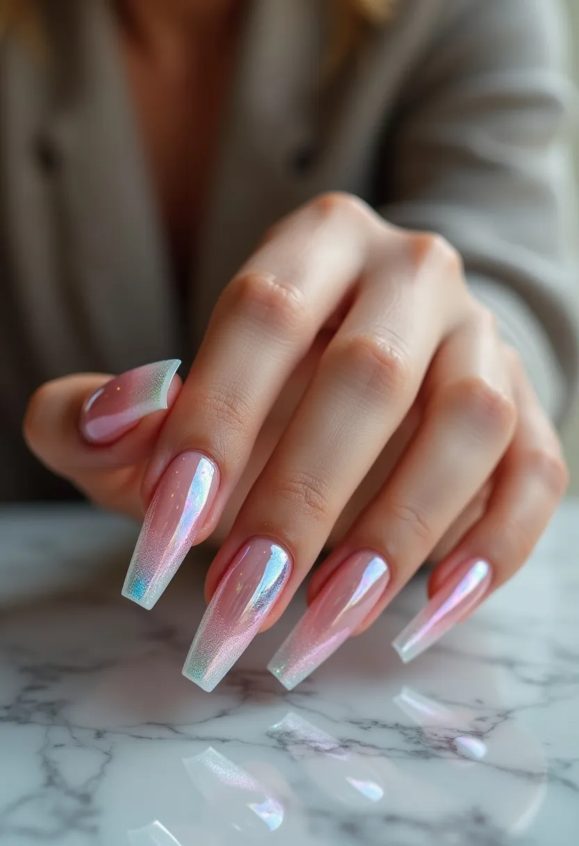 The nail design showcases a beautiful holographic color palette with a subtle blend of pink, blue, and iridescent tones that catch the light. The nails are long and shaped into a square tip, providing a modern and chic appearance. This design features a glossy finish, indicative of either gel or shellac nail treatment, which adds durability and shine. The intricate holographic effect and smooth, gradient-like blend of colors suggest a sophisticated and eye-catching style, perfect for festive or celebratory occasions. The overall design is elegant and trendy, making it suitable for both special events and everyday wear.