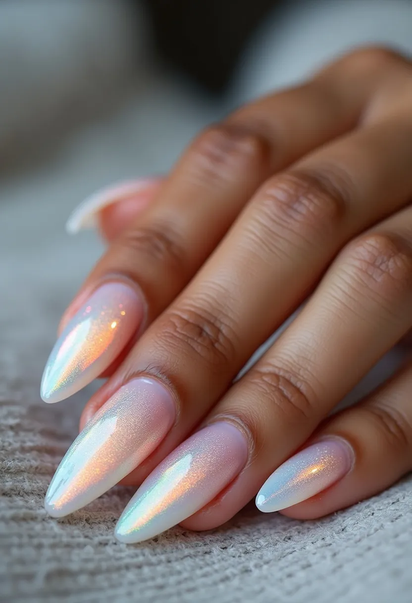 The nail design features an elegant and eye-catching look with a predominantly iridescent white and pastel pink color palette. The nails are shaped in a stylish almond form which accentuates the fingers beautifully. The finish appears to be a high-gloss gel treatment, showcasing a smooth and reflective surface that enhances the intricate pearlescent and holographic gradient effect. This design is detailed with subtle, shimmering accents that catch the light, offering a delicate yet impactful look. This nail art is ideal for special occasions such as weddings, prom, or holiday events, effortlessly combining sophistication and modern trends.