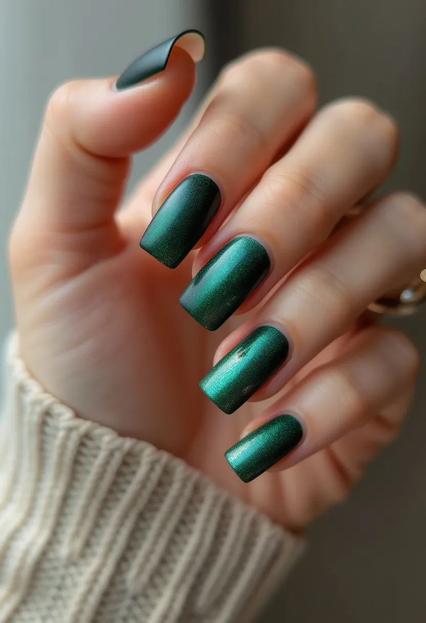 This nail design showcases square-shaped nails adorned with a striking shimmering metallic green color, indicative of a gel or shellac treatment due to the glossy and even finish. The green pigment contains a gradient effect that creates a subtle yet captivating dimension to the nails. There are no additional patterns or decorations, allowing the green hue to stand out prominently. The choice of color exudes a festive and possibly seasonal theme, reminiscent of winter holidays or special evening events. The polished sheen adds a touch of elegance and sophistication, ideal for celebratory gatherings or formal occasions.