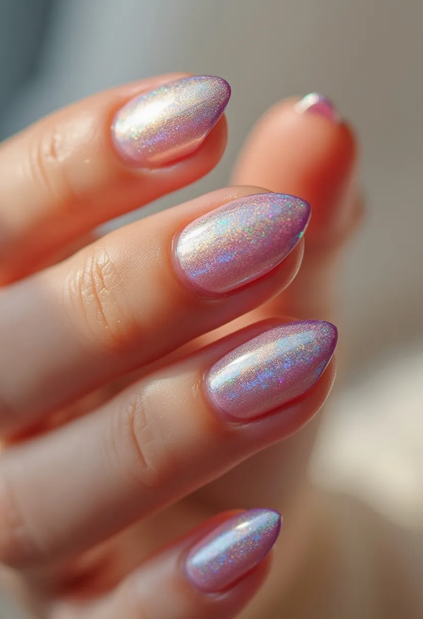 The nail design features an enchanting color palette with holographic hues of pink, purple, and hints of blue, creating a mesmerizing iridescent effect. The nails are shaped into a pointed stiletto style, which adds an edgy and stylish flair. The intricate design appears to be created using either gel or shellac, as indicated by the smooth, glossy finish and vibrant, long-lasting colors. This nail art doesn't include any additional decorations or patterns but relies on the holographic polish for its striking appearance. The overall aesthetic hints at a futuristic or ethereal theme, suitable for special occasions or seasonal events, particularly those with a fantasy or sci-fi motif.