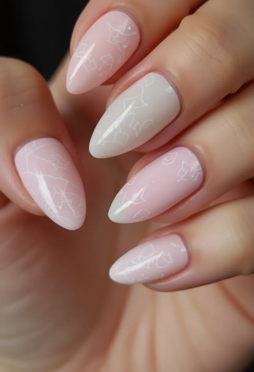 The nail design features a soft, pastel color palette predominantly in shades of pale pink and off-white. The nails are shaped into long, elegant almond points. Intricate white geometric line patterns adorn each nail, adding a subtle yet sophisticated touch. The glossy finish suggests that a gel or shellac treatment has been applied, ensuring a long-lasting and durable look. This design lends itself well to a variety of occasions, from weddings and formal events to a classy everyday look, and offers a delicate aesthetic suitable for any season.