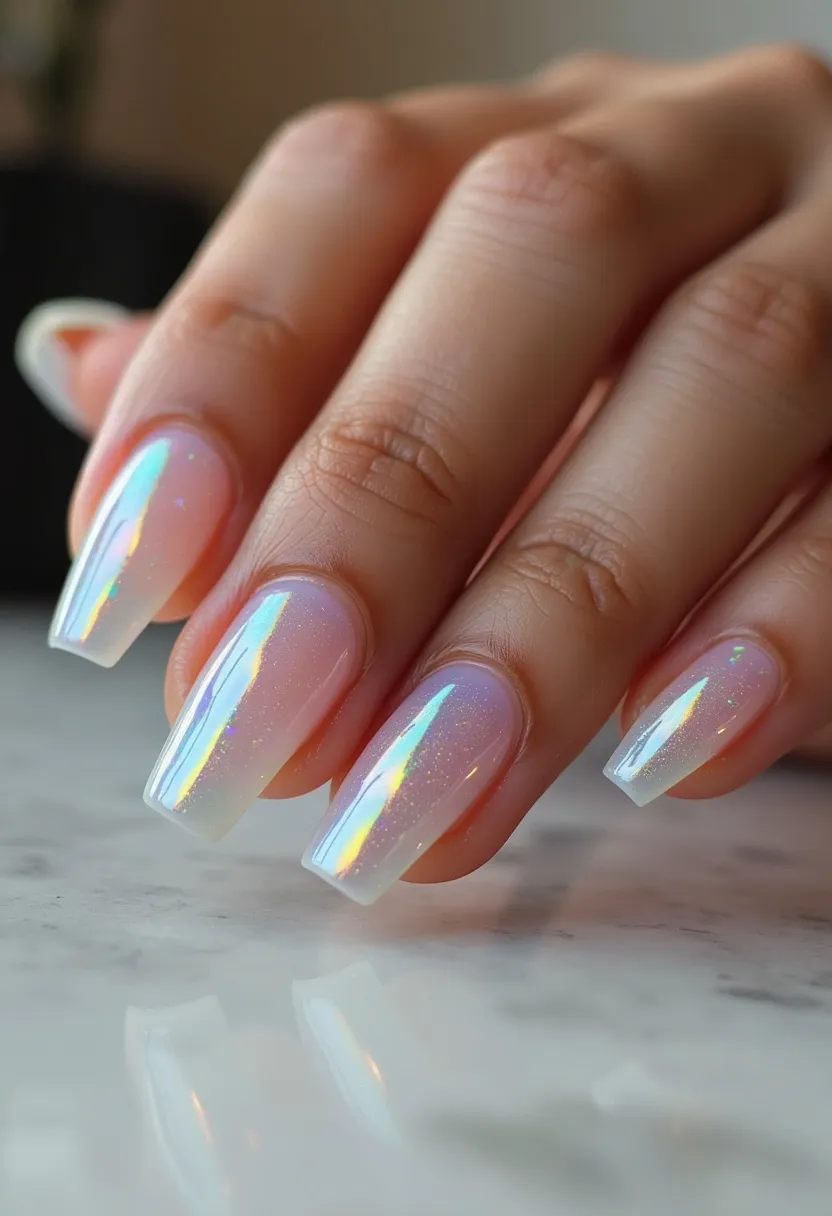 The nail design showcases a stunning iridescent aesthetic, featuring a combination of pearlescent and holographic effects. The nails are long and exhibit a coffin shape, providing an elegant and modern look. The color palette mainly consists of an opalescent base with subtle hues of pink and white, giving the nails a delicate, translucent appearance. Each nail reflects a spectrum of colors due to the holographic finish, adding a touch of shimmer and shine. The treatment used appears to be gel, as indicated by the high-gloss finish and smooth, even application. This nail design could be suitable for both casual wear and special occasions, offering a versatile and chic style that complements various outfits and settings.