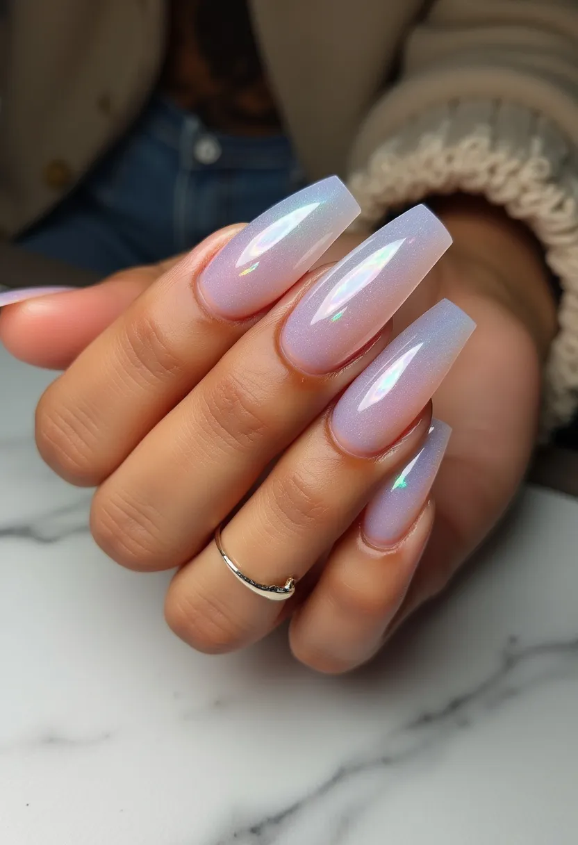 The nail design features a holographic aurora effect with a stunning iridescent shine, primarily showcasing a light lavender hue with subtle shifts to light blue and pale pink depending on the angle. The nails are shaped in a long, coffin/ballerina style and have a smooth, glossy finish characteristic of gel nail treatment. The shiny, shimmering surface adds an elegant and futuristic touch, making it suitable for both special occasions and daily wear during any season. The nails do not feature any additional intricate patterns or decorations, allowing the holographic design to take center stage.