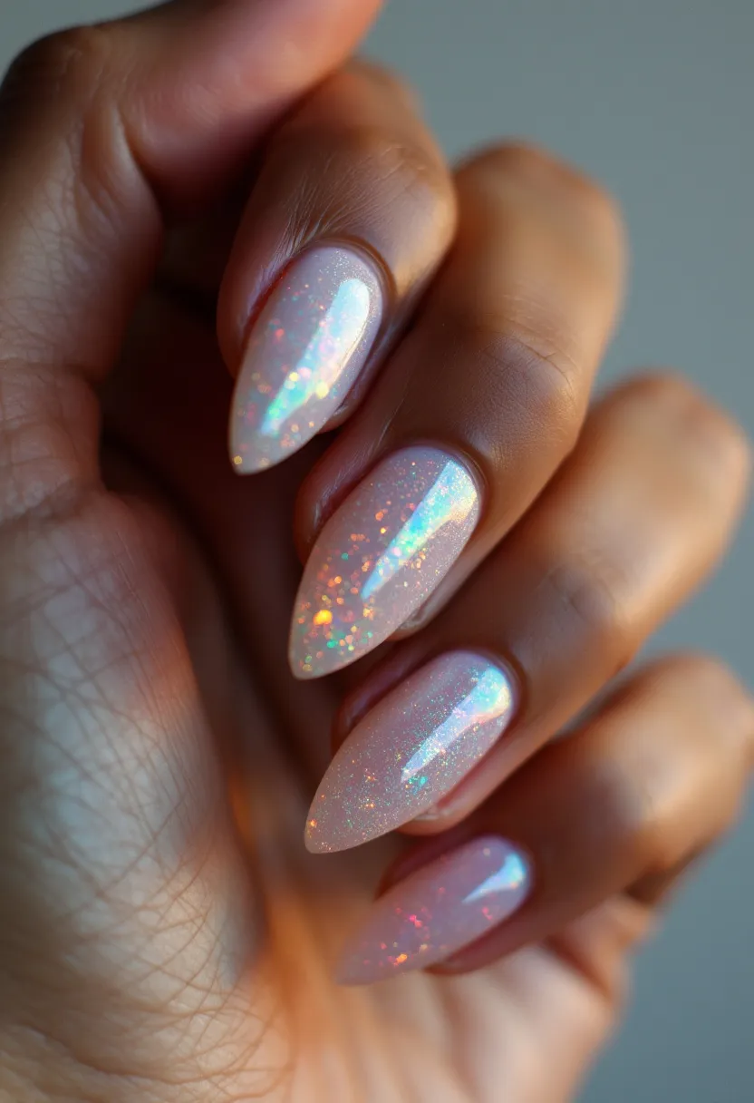 The nails are shaped in a pointed, almond style and feature a delicate light pink base color combined with a captivating iridescent glitter that reflects various colors, providing a holographic effect. The glitter flecks create a shimmery, multidimensional look that is both elegant and eye-catching. The nail treatment appears to be gel, providing a smooth and glossy finish that makes the glitter particularly vibrant. This nail design is sophisticated yet playful, making it suitable for special occasions such as weddings or holiday parties, and it can also evoke a winter theme given its sparkly and ethereal appearance.