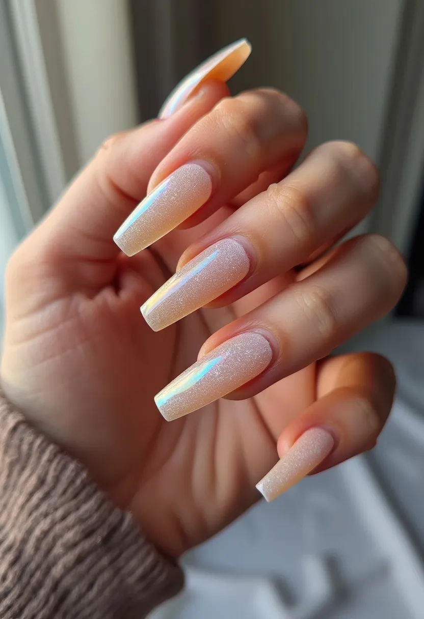 The nail design features a soft and elegant color palette with a subtle iridescent shimmer, giving a pearlescent effect under the light. The nails are shaped in a long, square form, offering a classic yet modern look. The treatment appears to be gel, characterized by its smooth and glossy finish. Each nail showcases a consistent and intricate holographic pattern that enhances the overall sophistication of the design. The gentle shimmery overlay suggests a versatile and understated style, ideal for both everyday wear and special occasions. This nail design could seamlessly transition through various seasons, adding a touch of elegance to any outfit or event.