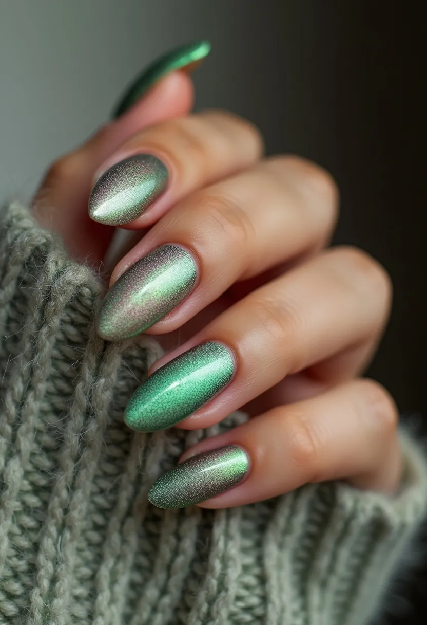 The nail design features an iridescent green color palette with a subtle shift from light to dark green depending on the angle, creating a metallic shimmer effect. The nails are shaped into a sleek, elongated almond form, giving them a sophisticated appearance. The finish appears to be achieved using a gel treatment, providing a glossy and smooth texture. The iridescent quality and green hue may suggest a nature-inspired or festive seasonal theme, suitable for occasions where a touch of elegance and uniqueness is desired. The overall design is intricate yet minimalistic, emphasizing the reflective quality of the polish.