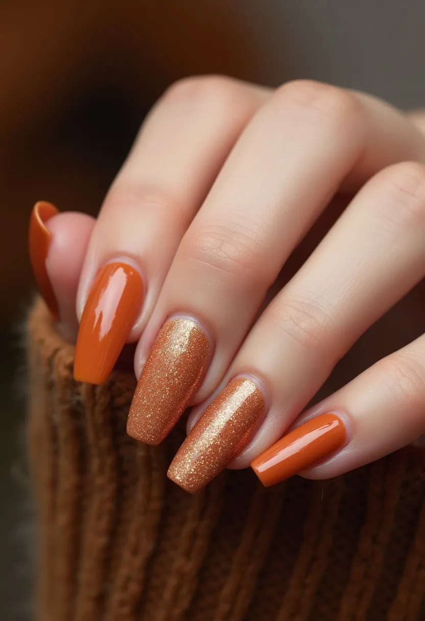 The  nail  design  features  a  combination  of  orange  and  gold  colors,  with  the  gold  color  being  more  prominent.  The  nails  are  shaped  in  a  square  shape,  giving  them  a  unique  and  modern  appearance.  The  nail  treatment  used  is  gel,  which  provides  a  long-lasting  and  durable  finish.  The  intricate  pattern  on  the  nails  adds  a  touch  of  elegance  and  sophistication  to  the  overall  look.  The  design  is  perfect  for  special  occasions  or  as  a  statement-making  style.