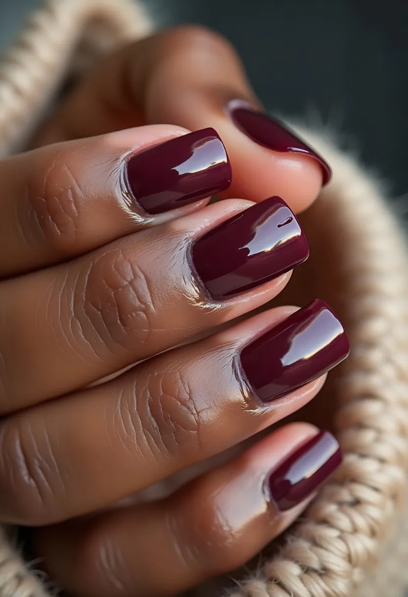 The  nail  design  features  a  maroon  or  burgundy  color  palette,  which  creates  a  bold  and  elegant  appearance.  The  nails  are  shaped  in  a  natural,  almond-like  shape,  which  adds  a  touch  of  sophistication  to  the  overall  look.  The  nails  are  painted  with  a  glossy  finish,  which  enhances  the  richness  of  the  color  and  gives  the  nails  a  smooth,  polished  appearance.  The  nail  treatment  used  is  likely  a  gel  or  acrylic,  as  these  are  commonly  used  for  creating  long-lasting,  high-quality  nail  designs.