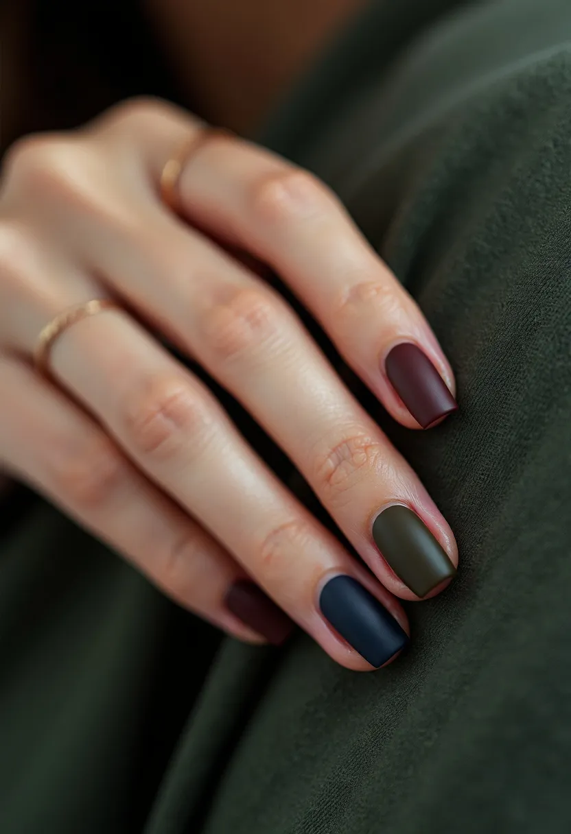 The  nail  design  features  a  combination  of  two  different  colors,  with  the  thumb  nail  painted  blue  and  the  index  finger  nail  painted  purple.  The  other  fingers  have  a  single  color,  which  is  purple.  The  nails  are  shaped  in  a  natural,  oval  shape.  The  nail  treatment  appears  to  be  a  regular  nail  polish,  as  there  are  no  visible  signs  of  gel,  acrylic,  shellac,  or  dip  treatments.  The  design is a  simple  and  elegant  choice  of  colors  for  the  nails.