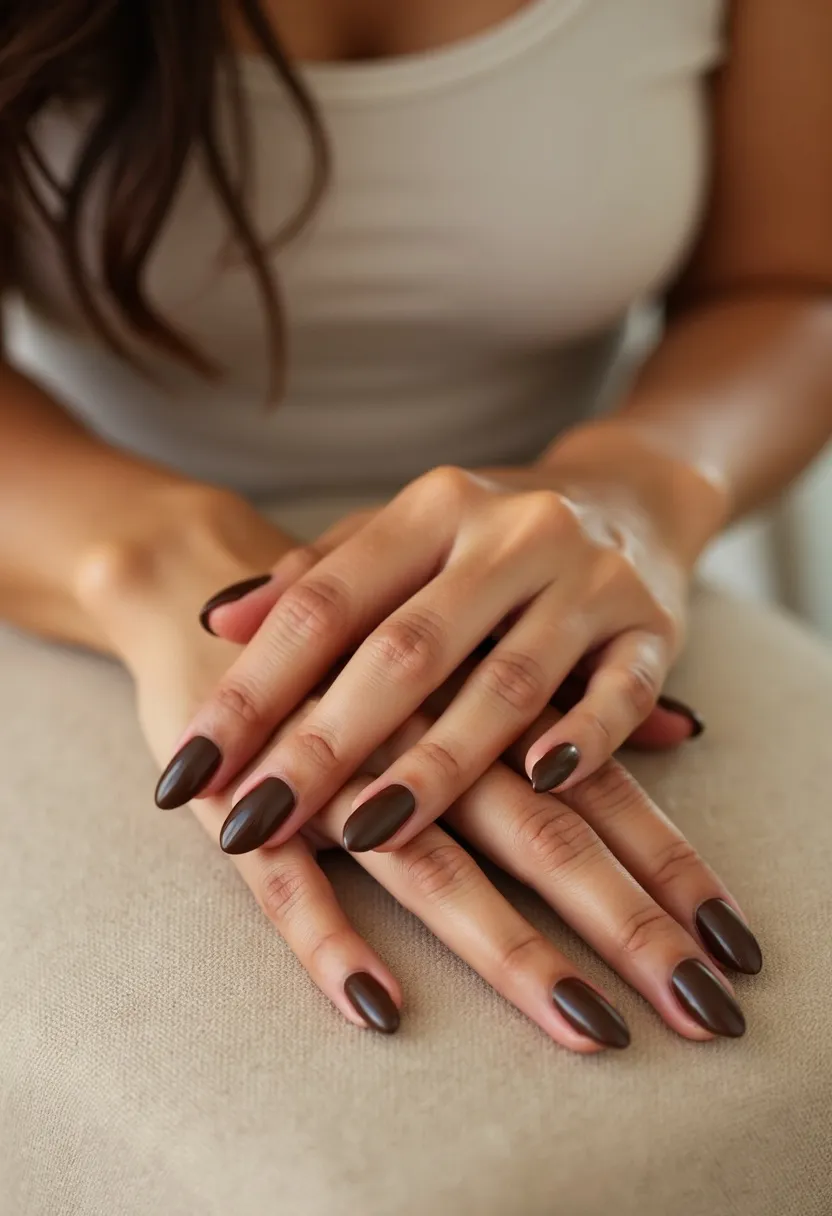 The  woman  in  the  image  has  long,  dark  nails  with  a  dark  brown  or  black  color  palette.  The  nails  are  shaped  in  a  square  or  rectangular  shape,  giving  them  a  unique  and  modern  appearance.  The  nail  treatment  appears  to  be  a  gel  or  acrylic  nail,  as  they  are  well-defined  and  have  a  smooth  finish.  The  nails shape  and  color  make  them  stand  out  as  a  bold  and  stylish  nail  art  choice.