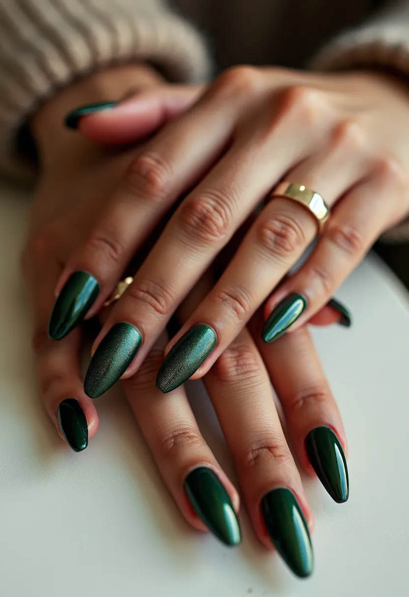 The  nail  design  features  green  nail  polish,  with  the  nails  being  shaped  in  a  pointed  shape.  The  nails  are  long  and  have  a  unique,  intricate  pattern  on  them.  The  nail  treatment  used  is  gel,  which  provides  a  long-lasting  and  durable  finish.  The  green  color  and  the  pointed  shape  give  the  nails  a  stylish  and  eye-catching  appearance,  making  them  stand  out  as  a  fashionable  and  creative  nail  design.