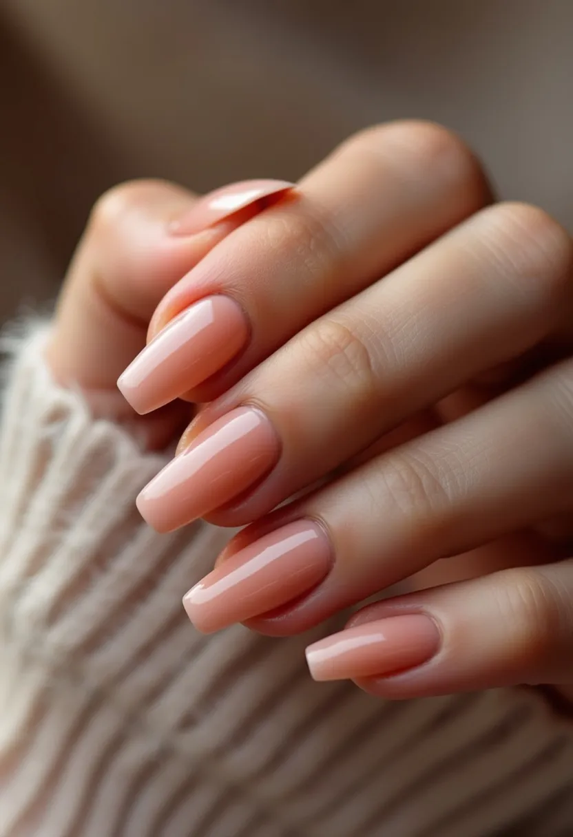 The  nail  design  features  a  short,  square-shaped  nail  with  a  light  pink  color.