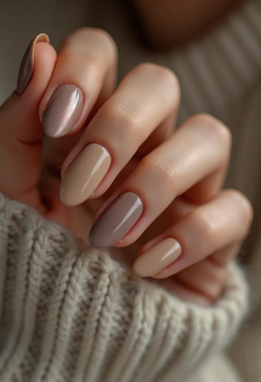 The  nail  design  features  a  neutral  palette  with  a  light  beige  base  color.  The  nails  are  shaped  in  a  natural,  oval  shape.  The  nail  treatment  appears  to  be  a  regular  polish,  as  there  are  no  visible  signs  of  gel,  acrylic,  shellac,  or  dip  treatments.