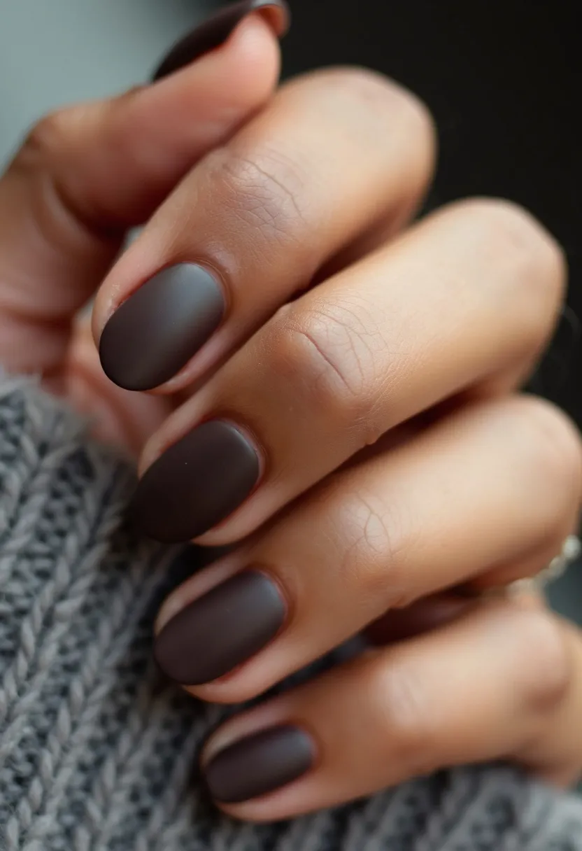 The  nail  color  palette  in  the  image  is  a  deep,  rich  shade  of  brown.  The  nails  are  shaped  in  a  natural,  rounded  shape.  There  are  no  intricate  patterns  or  decorations  visible  on  the  nails.