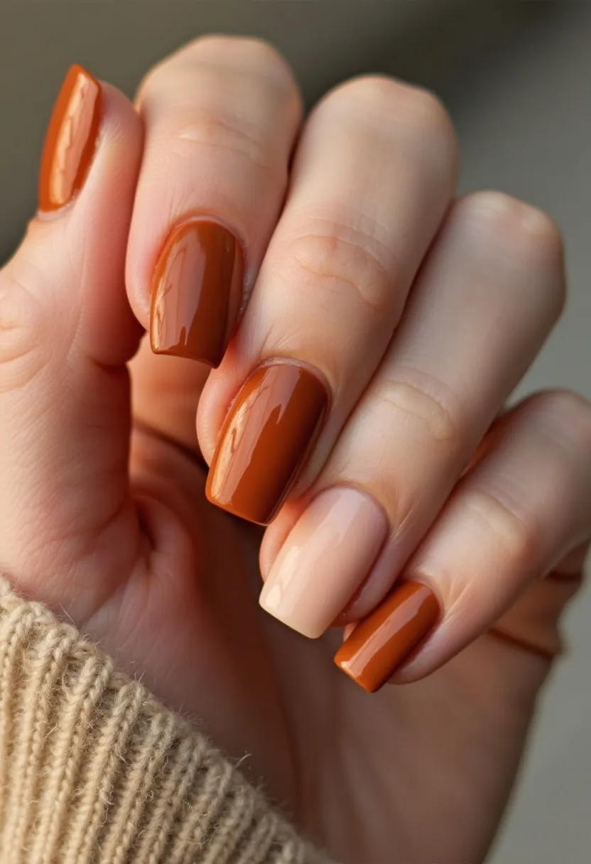 The  nail  design  features  a  woman's  nails  painted  with  a  brown  nail  polish.  The  nails  are  shaped  in  a  natural,  rounded  shape.  The  nail  polish  appears  to  be  a  regular,  non-specialized  type  of  nail  treatment.  There  are  no  intricate  patterns  or  decorations  visible  on  the  nails.