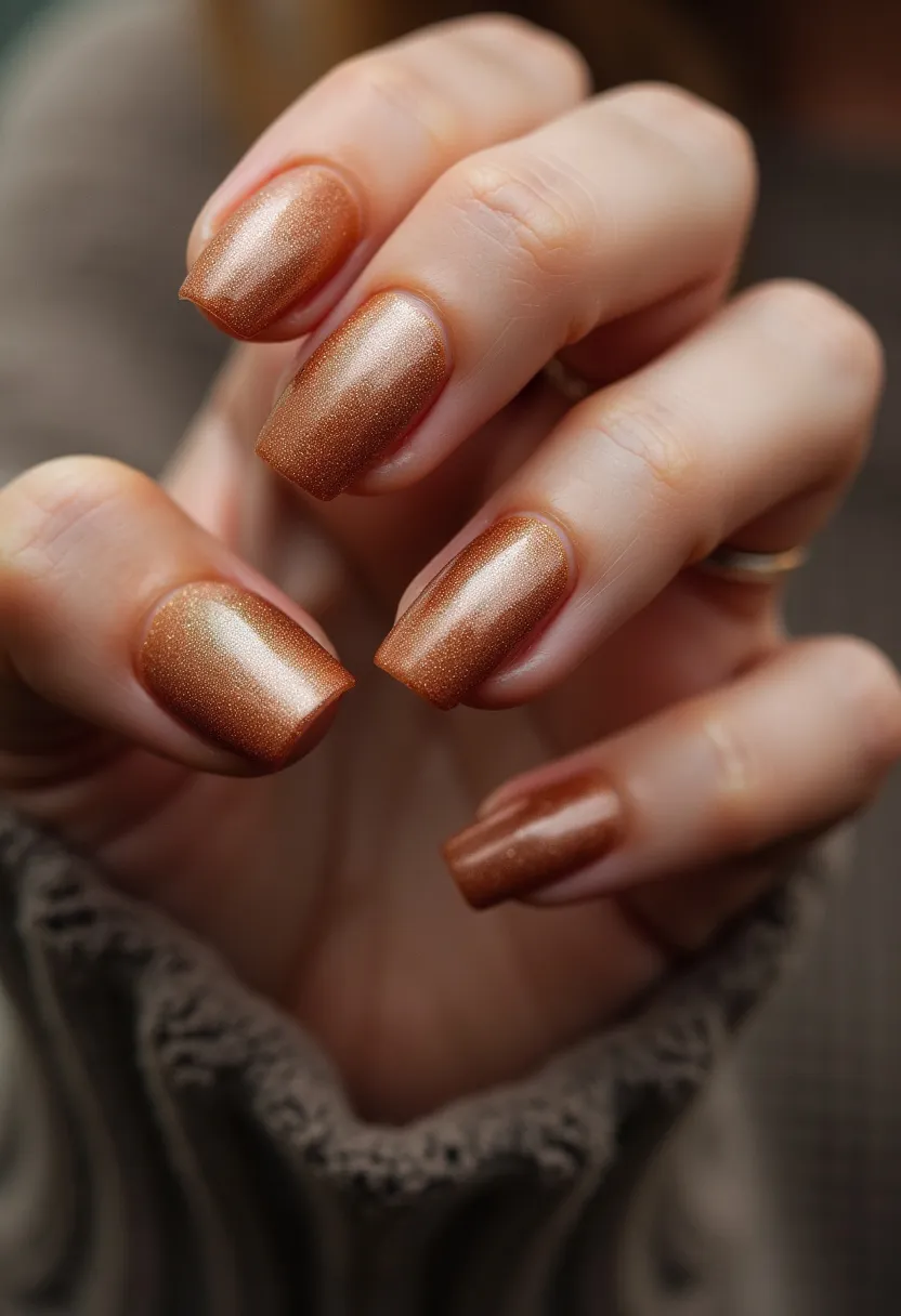 The  nail  design  features  a  brown  nail  color  palette,  with  a  slightly  glittery  finish.  The  nails  are  shaped  in  a  rounded,  oval  shape.  There  are  no  intricate  patterns  or  decorations  on  the  nails,  and  the  nail  treatment  appears  to  be  a  regular  nail  polish  application. The  nail  design  is  simple  and  elegant,  suitable  for  everyday  wear.